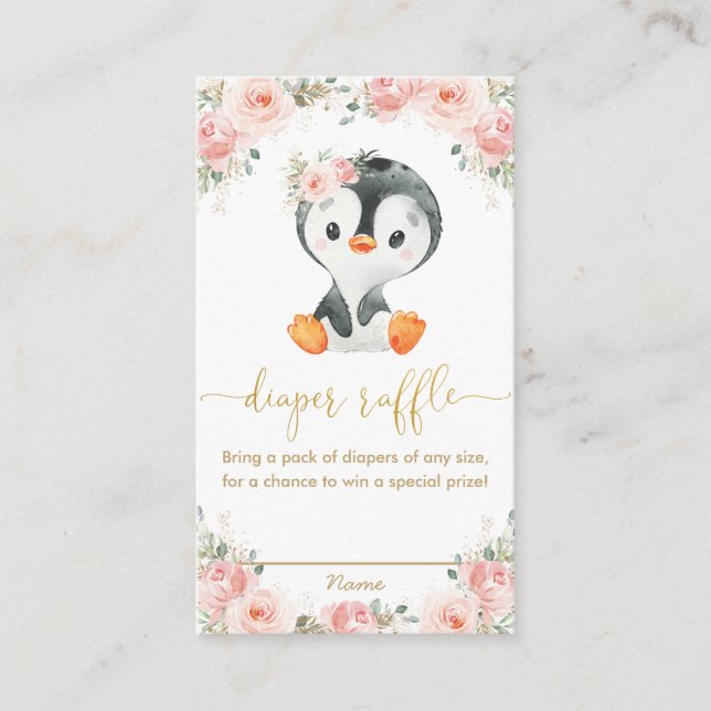 Tarjeta De Recepción Pingüino Rubor Pink Floral Baby Diaper Raffle (Anverso)