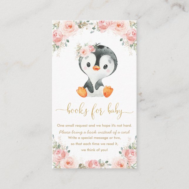 Tarjeta De Recepción Pingüino Rubor Pink Floral trae libros para bebé (Anverso)