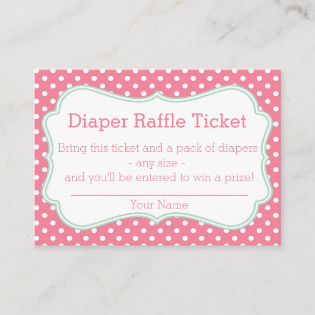 Tarjeta De Recepción Pink and Mint Polka Dots Diaper Raffle Ticket (Anverso)