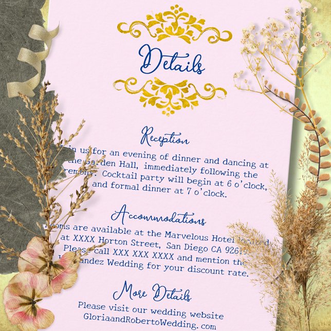 Tarjeta De Recepción Pink Baroque Floral Heart Mexican Wedding (Elegant pink Baroque enclosure with golden scrolls and blue script — timeless and romantic design.)