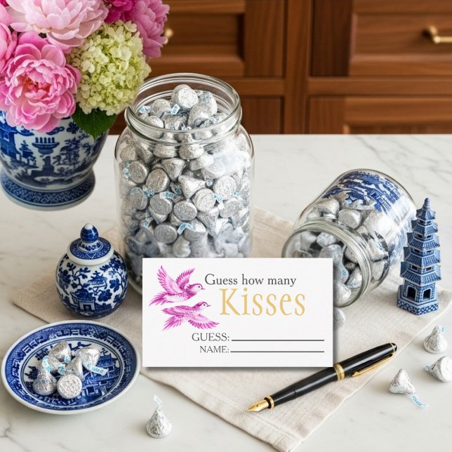 Tarjeta De Recepción Pink birds  "Guess How Many Kisses" Bridal Game  (Pink birds "Guess How Many Kisses" Bridal Game Enclosure Card)