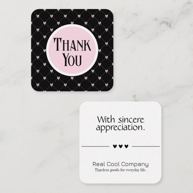 Tarjeta De Recepción Pink & Black Bow Monogram Thank You Card (Anverso / Reverso)