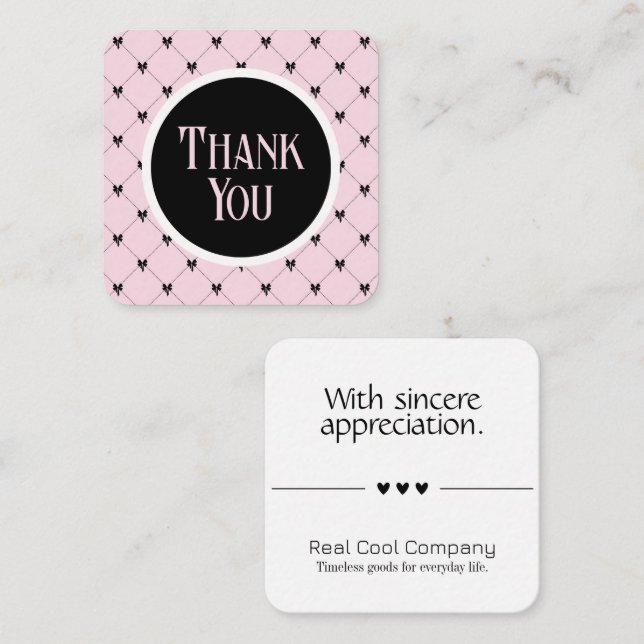 Tarjeta De Recepción Pink & Black Bow Monogram Thank You Card (Anverso / Reverso)