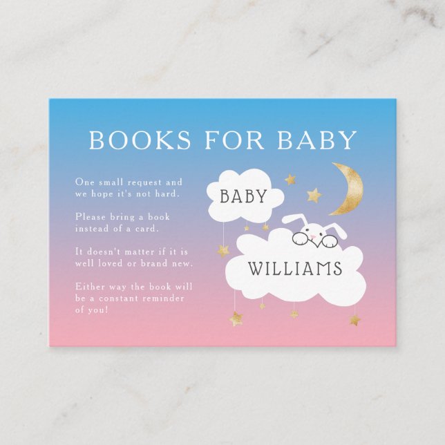 Tarjeta De Recepción Pink Blue Stars Bunny Baby Shower Book Request (Anverso)