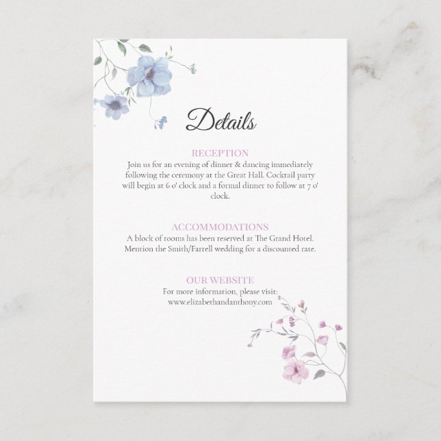 Tarjeta De Recepción Pink & Blue Whimsical Floral Wedding Details (Anverso)