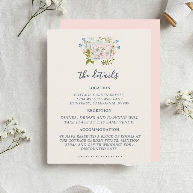 Tarjeta De Recepción Pink Blue Wildflowers Romantic Garden Wedding (Pink Blue Wildflowers Romantic Garden Wedding Enclosure Card)