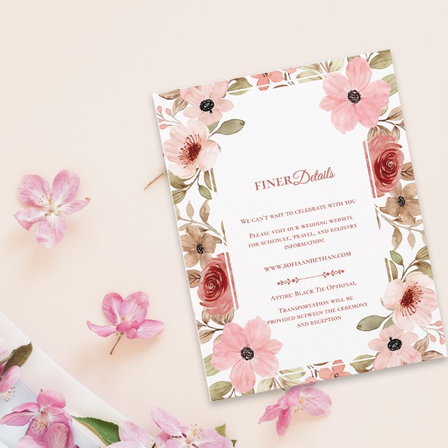 Tarjeta De Recepción Pink Blush Floral Botanical Wedding Details (Pink Blush Floral Botanical Wedding Details Enclosure Card)