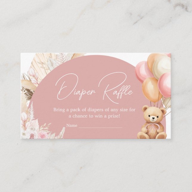 Tarjeta De Recepción Pink Boho Bear Balloon Baby Shower Diaper Raffle (Anverso)
