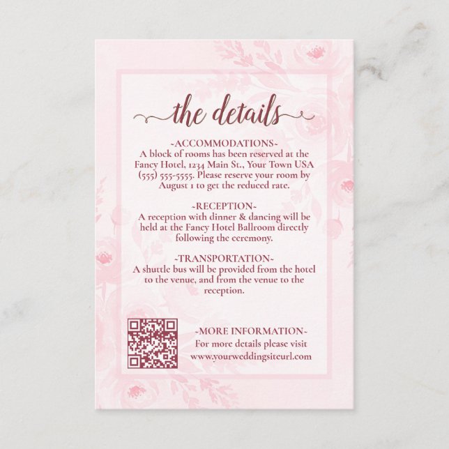 Tarjeta De Recepción Pink Boho Peonies Wedding Details QR Code (Anverso)