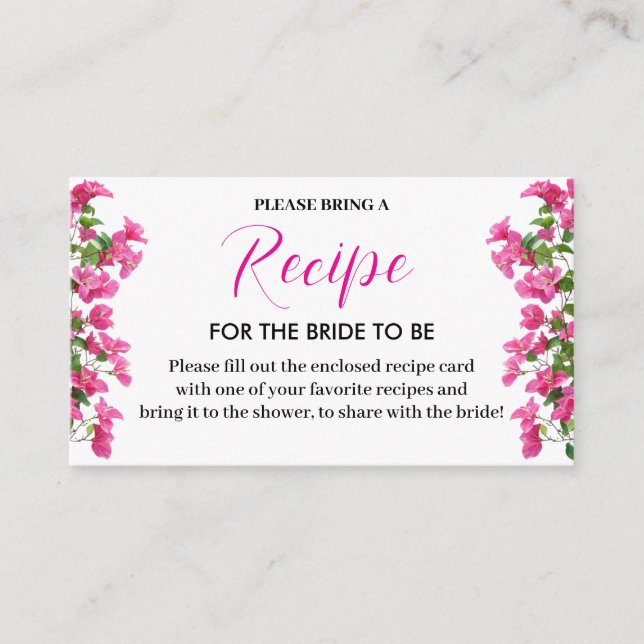 Tarjeta De Recepción Pink Bougainvillea Floral Bridal Recipe Card (Anverso)