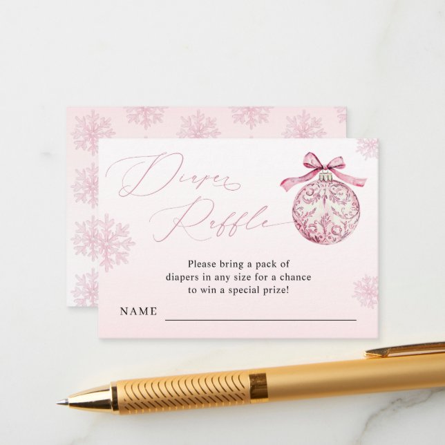 Tarjeta De Recepción Pink Bow Christmas Ball Winter Girl Diaper Raffle (Anverso/Reverso In Situ)