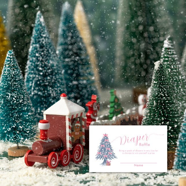Tarjeta De Recepción Pink Bow Christmas Tree Diaper Raffle Baby Shower  (Pink Bow Christmas Tree Diaper Raffle Baby Shower Enclosure Card)