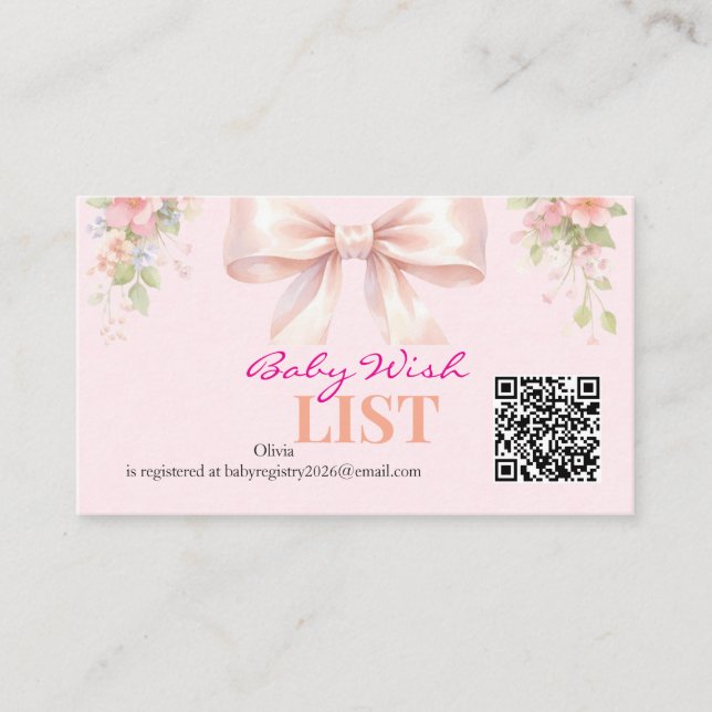 Tarjeta De Recepción Pink Bow Coquette Floral Baby Registry QR Code (Anverso)