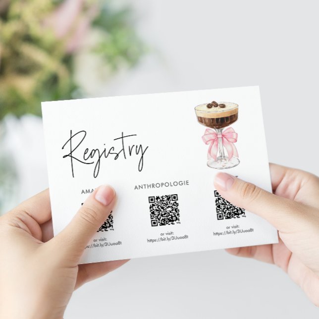 Tarjeta De Recepción Pink Bow Espresso Martini Bridal Shower - Registro (Pink Bow Espresso Martini Bridal Shower - Registry Enclosure Card)