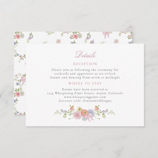 Tarjeta De Recepción Pink Bows and Wildflowers Details (Anverso / Reverso)