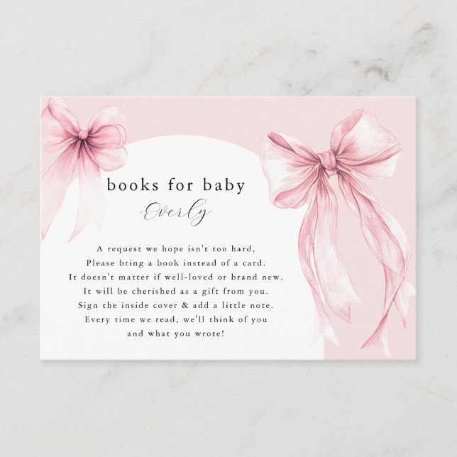 Tarjeta De Recepción Pink bows modern arch books for baby girl (Anverso)