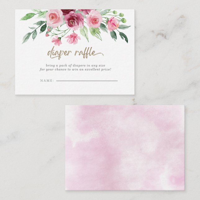 Tarjeta De Recepción Pink Burgundy Floral Baby Shower Diaper Raffle (Anverso / Reverso)