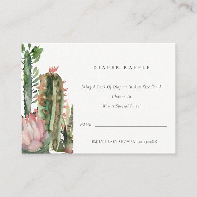 Tarjeta De Recepción Pink Cacti Foliage Diaper Raffle Baby Shower (Anverso)