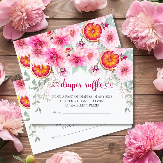 Tarjeta De Recepción Pink & Citrus Diaper Raffle Baby Shower (Citrus and Pink Watercolor flowers baby shower diaper raffle enclosure card)