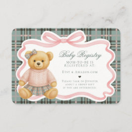 Tarjeta De Recepción Pink Coquette Bow Bear Plaid Baby Registry Card