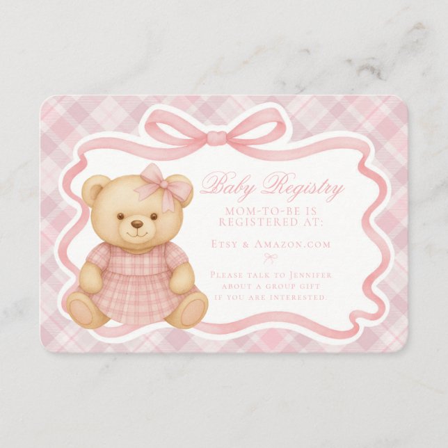 Tarjeta De Recepción Pink Coquette Bow Bear Plaid Baby Registry Card (Anverso)