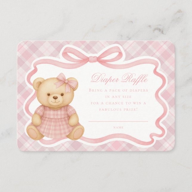 Tarjeta De Recepción Pink Coquette Bow Bear Plaid Diaper Raffle Card (Anverso)
