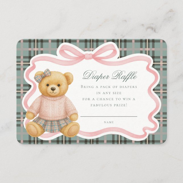 Tarjeta De Recepción Pink Coquette Bow Bear Tartan Diaper Raffle Card (Anverso)