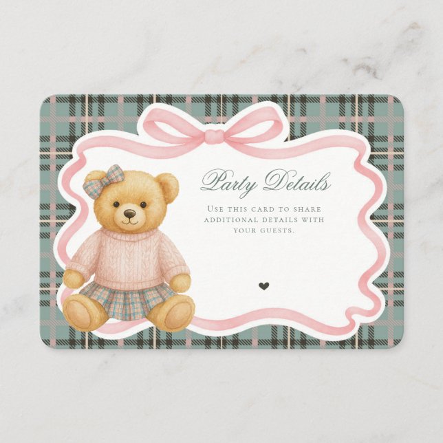 Tarjeta De Recepción Pink Coquette Bow Bear Tartan Plaid Details Card (Anverso)
