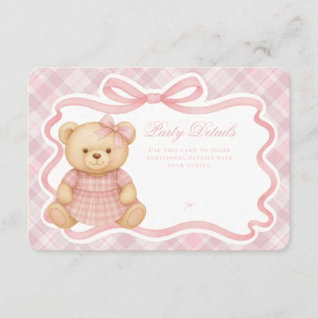 Tarjeta De Recepción Pink Coquette Bow Bear Tartan Plaid Details Card (Anverso)
