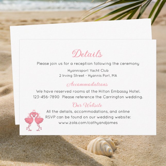 Tarjeta De Recepción Pink Flamingo Beach Tropical Wedding Details  (Subido por el creador)