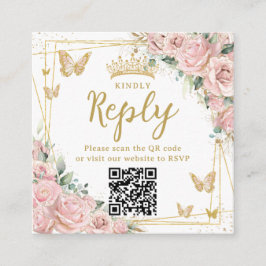 Tarjeta De Recepción Pink Floral Butterflies Quinceanera RSVP QR Code