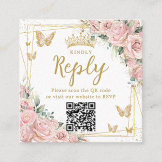 Tarjeta De Recepción Pink Floral Butterflies Quinceanera RSVP QR Code