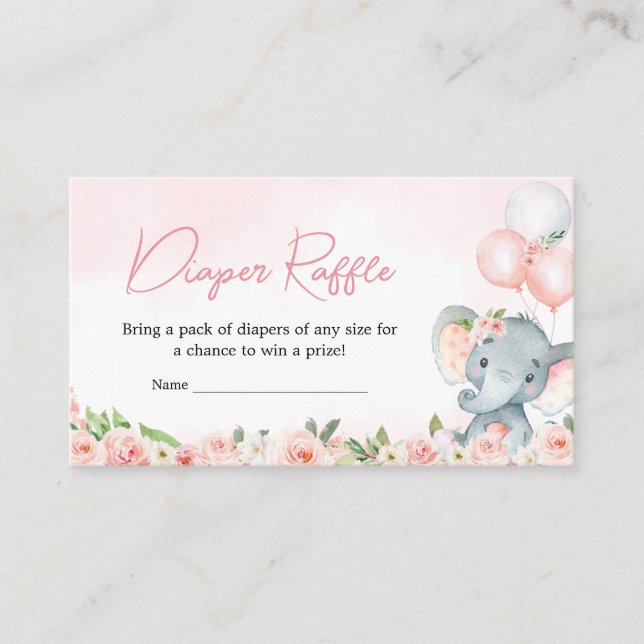 Tarjeta De Recepción Pink Floral Elephant Balloon Diaper Raffle (Anverso)