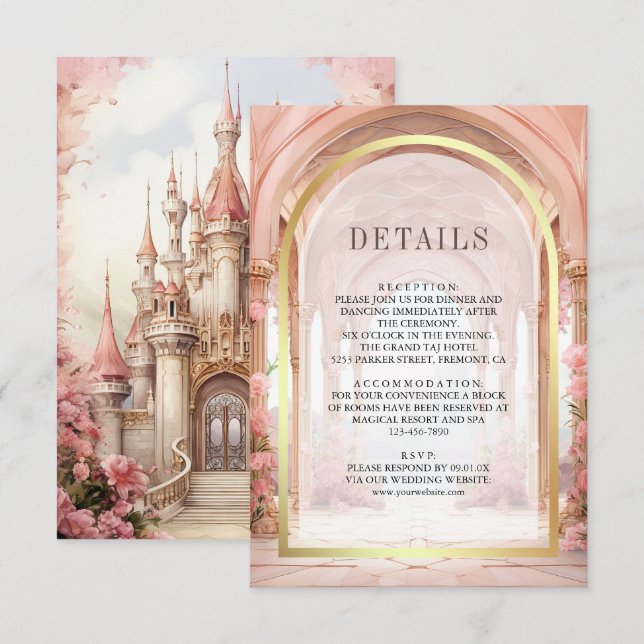 Tarjeta De Recepción Pink Floral Fairytale Castle Wedding Details (Anverso / Reverso)