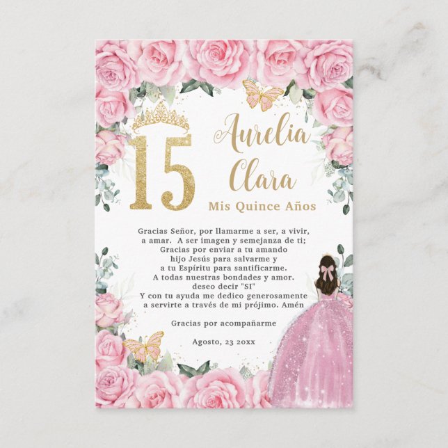 Tarjeta De Recepción Pink Floral Gold Quinceañera Quince 15 Prayer Card (Anverso)