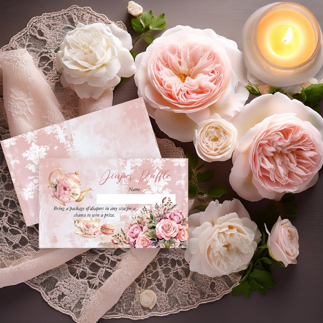 Tarjeta De Recepción Pink Floral High Tea Baby Shower Diaper Raffle (Elegant Pink Roses Floral High Tea Teapot and Teacup Girl Baby Shower Diaper Raffle Insert Card)