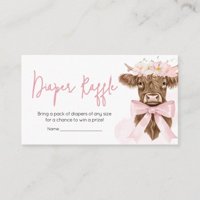 Tarjeta De Recepción Pink Floral Highland Cow Baby Shower Diaper Raffle (Anverso)