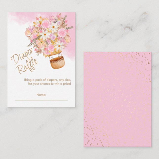 Tarjeta De Recepción Pink Floral Hot Air Balloon Diaper Raffle (Anverso / Reverso)