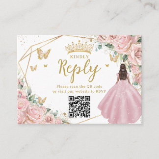 Tarjeta De Recepción Pink Floral Princess Quinceanera RSVP QR Code