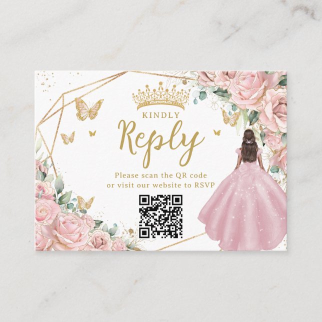 Tarjeta De Recepción Pink Floral Princess Quinceanera RSVP QR Code (Anverso)