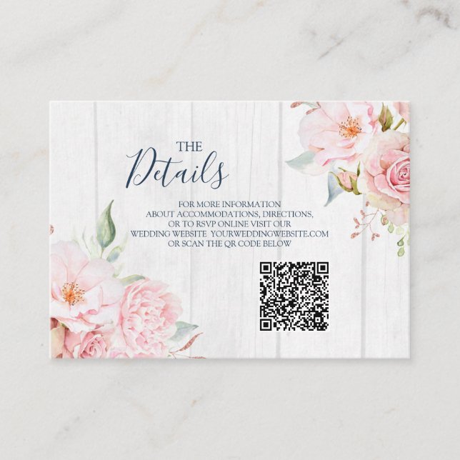 Tarjeta De Recepción Pink Floral Spring Wedding QR code Details Insert (Anverso)