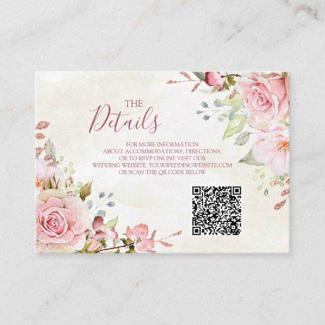 Tarjeta De Recepción Pink Floral Spring Wedding QR code Details Insert (Anverso)