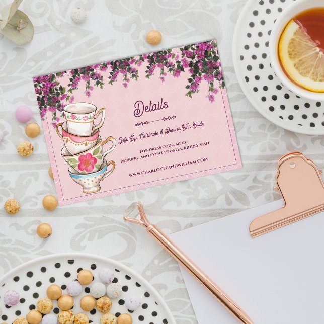 Tarjeta De Recepción Pink Floral Stacked Teacups Bridal Shower Details (Pink Floral Stacked Teacups Bridal Shower Details Enclosure Card)