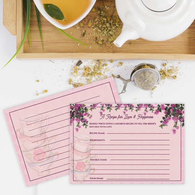 Tarjeta De Recepción Pink Floral Teacups Bridal Shower Recipe Card (Pink Floral Teacups Bridal Shower Recipe Card)