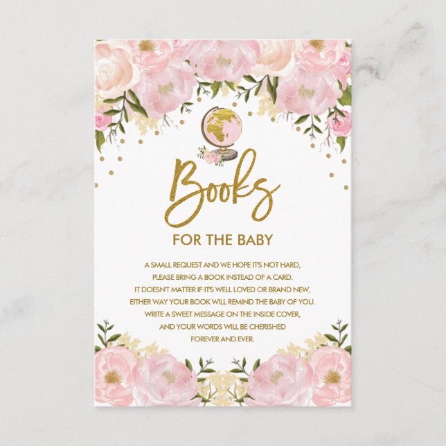 Tarjeta De Recepción Pink Floral Travel Adventure Books para la bebé (Anverso)
