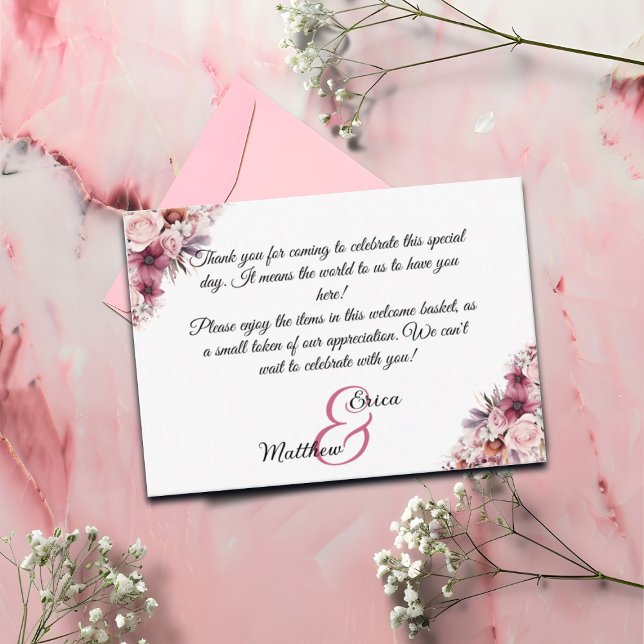 Tarjeta De Recepción Pink Floral Welcome Gift Bag Basket Place Card (Subido por el creador)