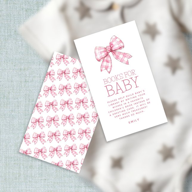 Tarjeta De Recepción Pink Gingham Bow Books para Baby Baby Shower (front and back view)