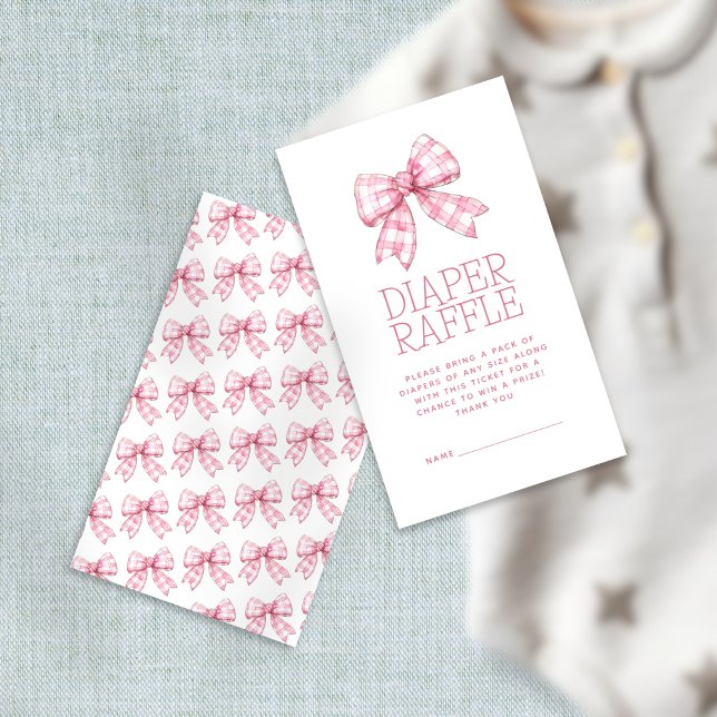 Tarjeta De Recepción Pink Gingham Bow Diaper Raffle Baby Shower (Front and back view)