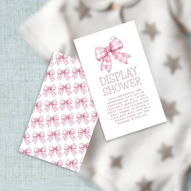 Tarjeta De Recepción Pink Gingham Bow Display Shower (front and back view)