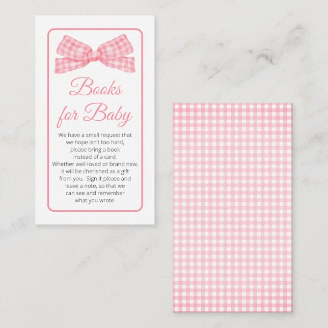 Tarjeta De Recepción Pink Gingham Check Bow Baby Shower Books para bebé (Anverso / Reverso)